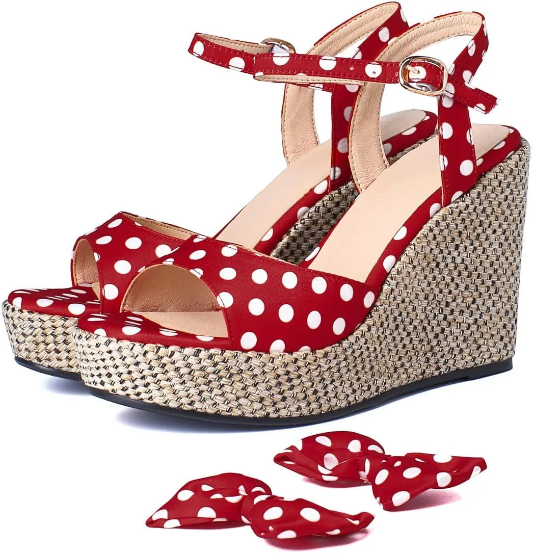 Caradise Womens Polka Dot Wedge Bow Platform Sandals Peep Toe Ankle Strap Heels