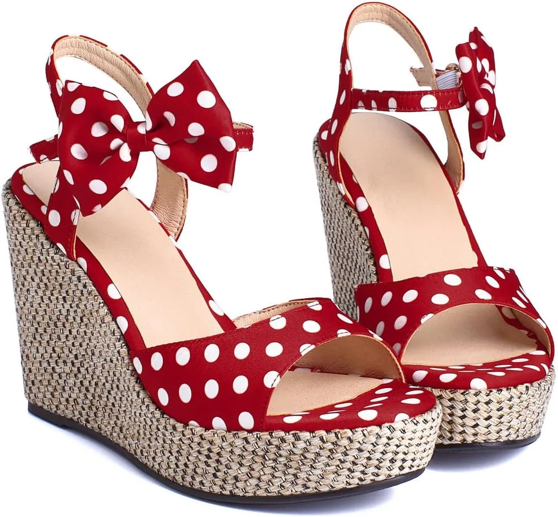 Caradise Womens Polka Dot Wedge Bow Platform Sandals Peep Toe Ankle Strap Heels