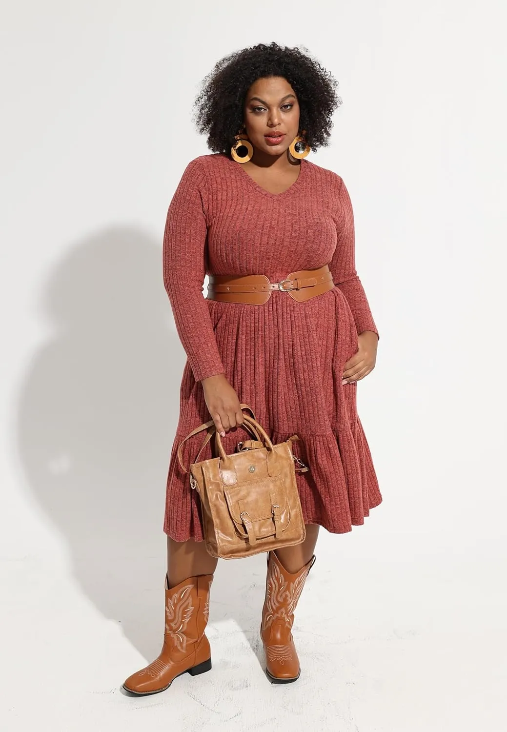 CARCOS Plus Size Dresses for Curvy Women Crew/Vneck Long Sleeve Dresses Ladies Knee Long Fall Winter Dress with Pocket XL-5XL