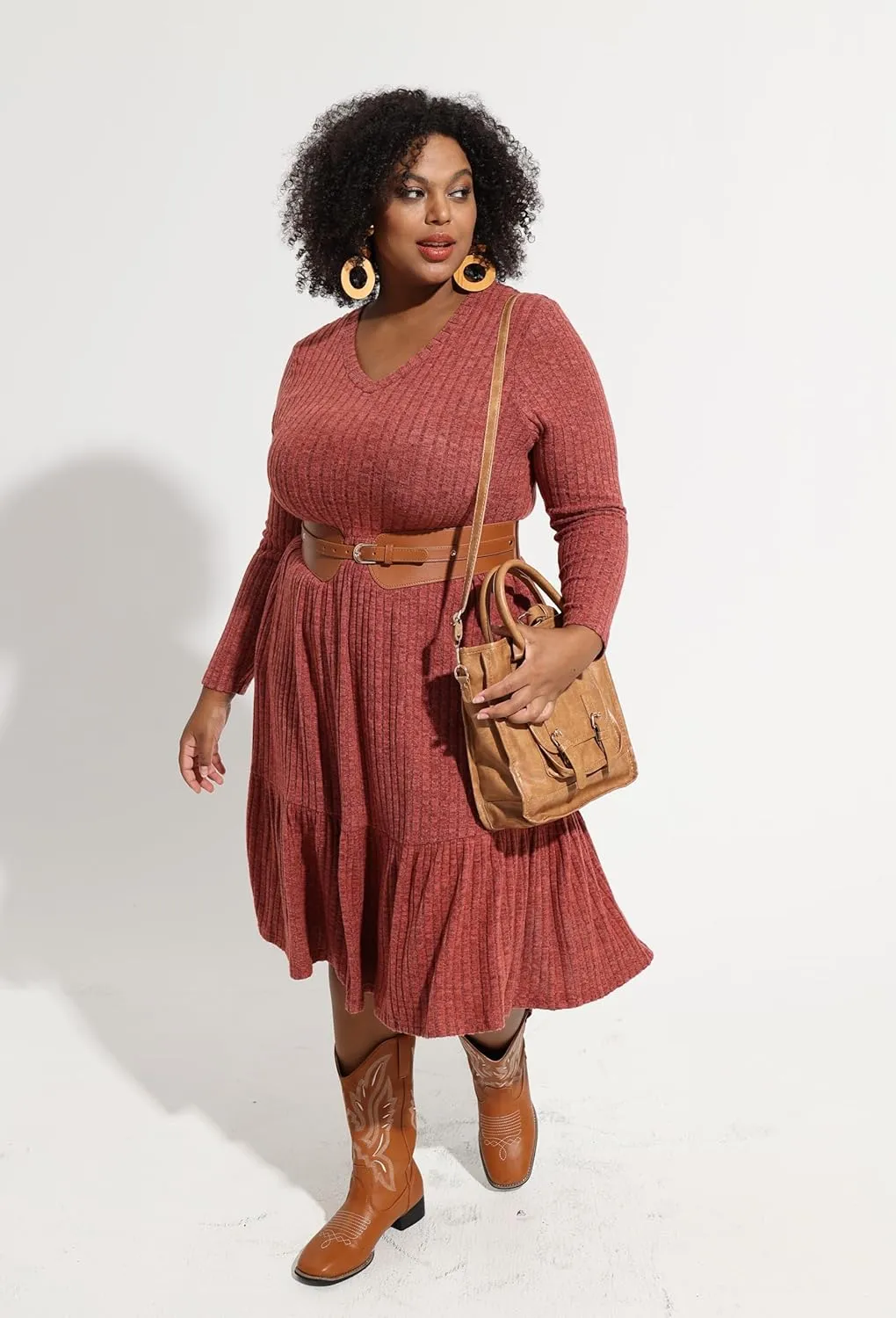 CARCOS Plus Size Dresses for Curvy Women Crew/Vneck Long Sleeve Dresses Ladies Knee Long Fall Winter Dress with Pocket XL-5XL