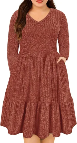 CARCOS Plus Size Dresses for Curvy Women Crew/Vneck Long Sleeve Dresses Ladies Knee Long Fall Winter Dress with Pocket XL-5XL