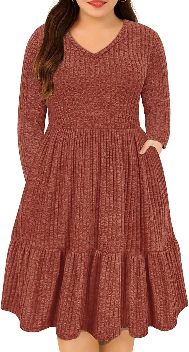CARCOS Plus Size Dresses for Curvy Women Crew/Vneck Long Sleeve Dresses Ladies Knee Long Fall Winter Dress with Pocket XL-5XL