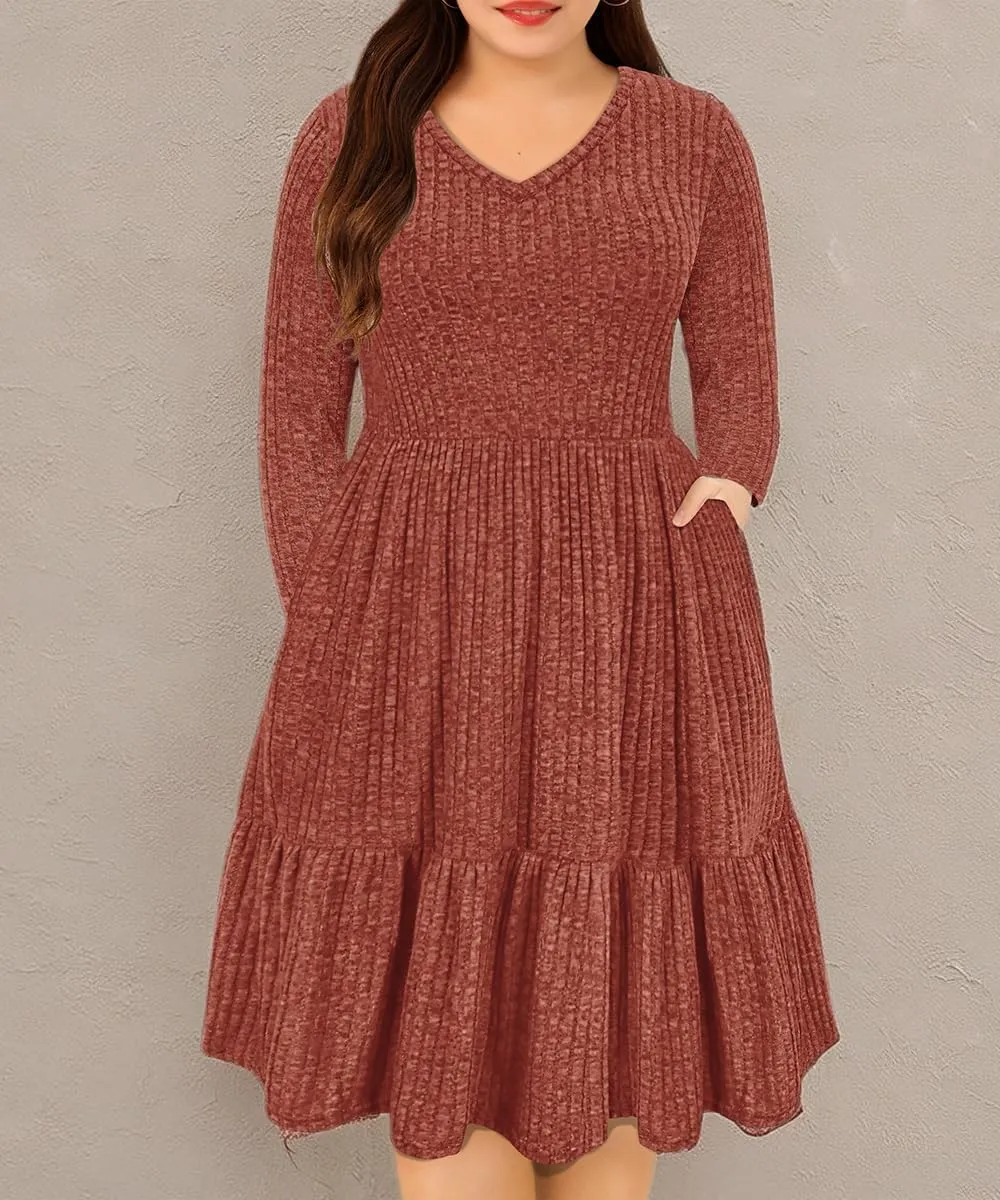 CARCOS Plus Size Dresses for Curvy Women Crew/Vneck Long Sleeve Dresses Ladies Knee Long Fall Winter Dress with Pocket XL-5XL