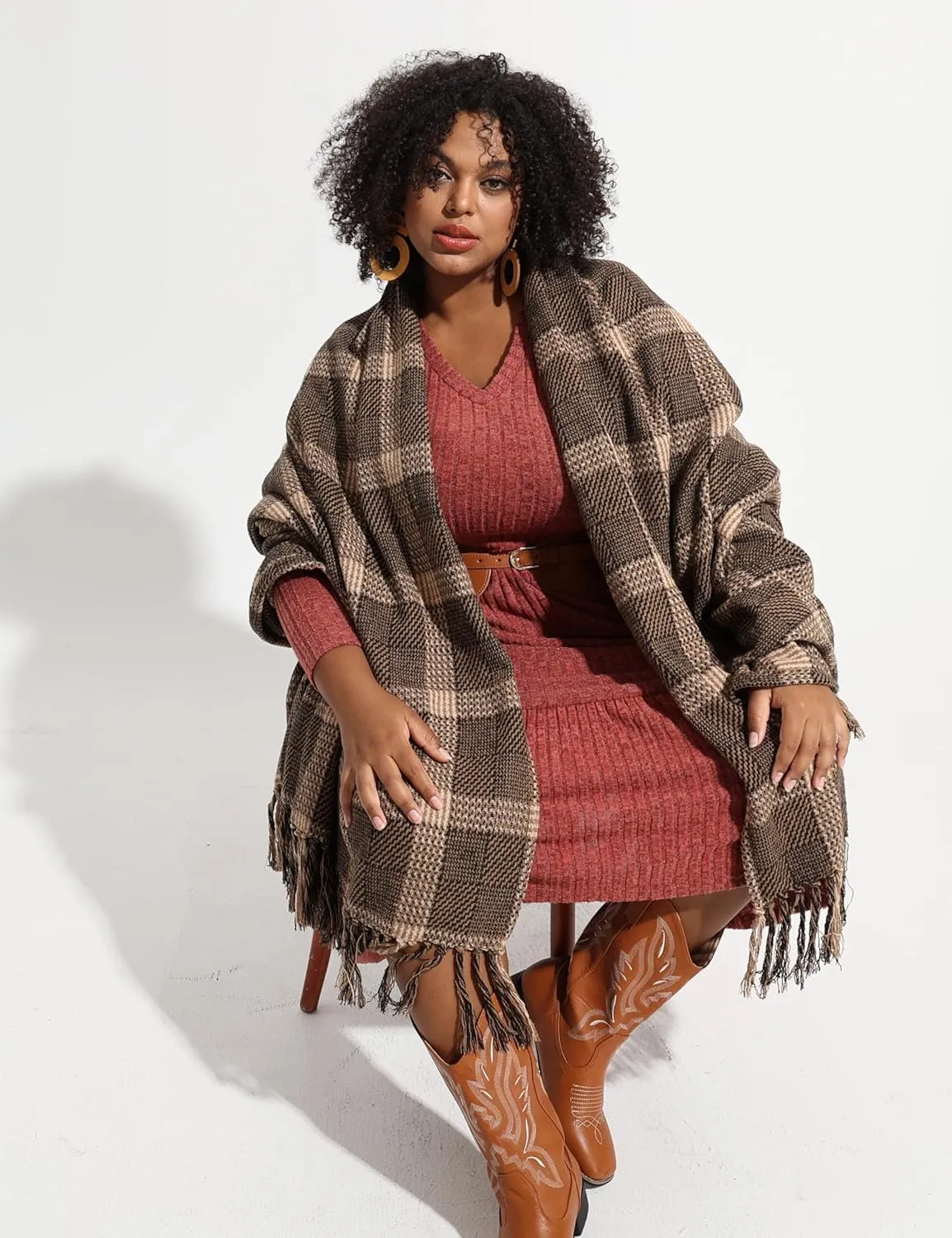CARCOS Plus Size Dresses for Curvy Women Crew/Vneck Long Sleeve Dresses Ladies Knee Long Fall Winter Dress with Pocket XL-5XL