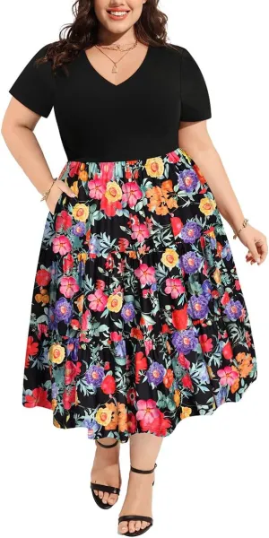 CARCOS Plus Size Dresses for Women Summer Short Sleeve V Neck Patchwork Dresseses XL-5XL