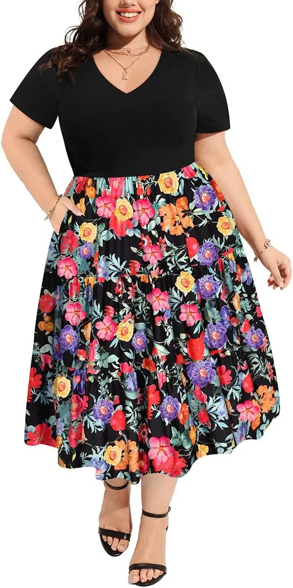CARCOS Plus Size Dresses for Women Summer Short Sleeve V Neck Patchwork Dresseses XL-5XL