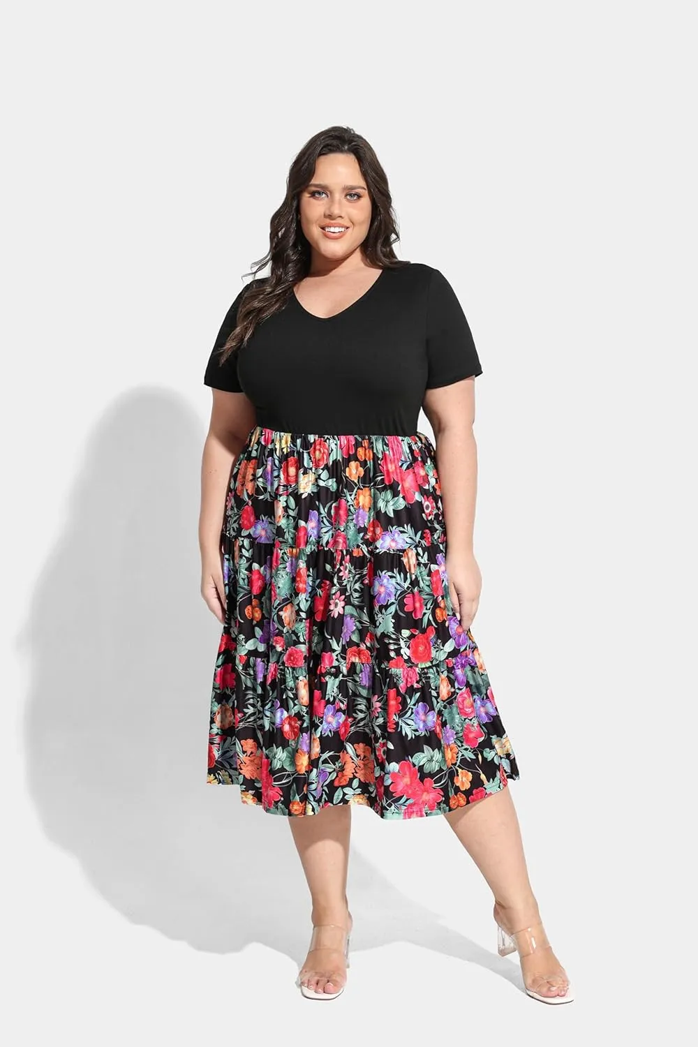 CARCOS Plus Size Dresses for Women Summer Short Sleeve V Neck Patchwork Dresseses XL-5XL