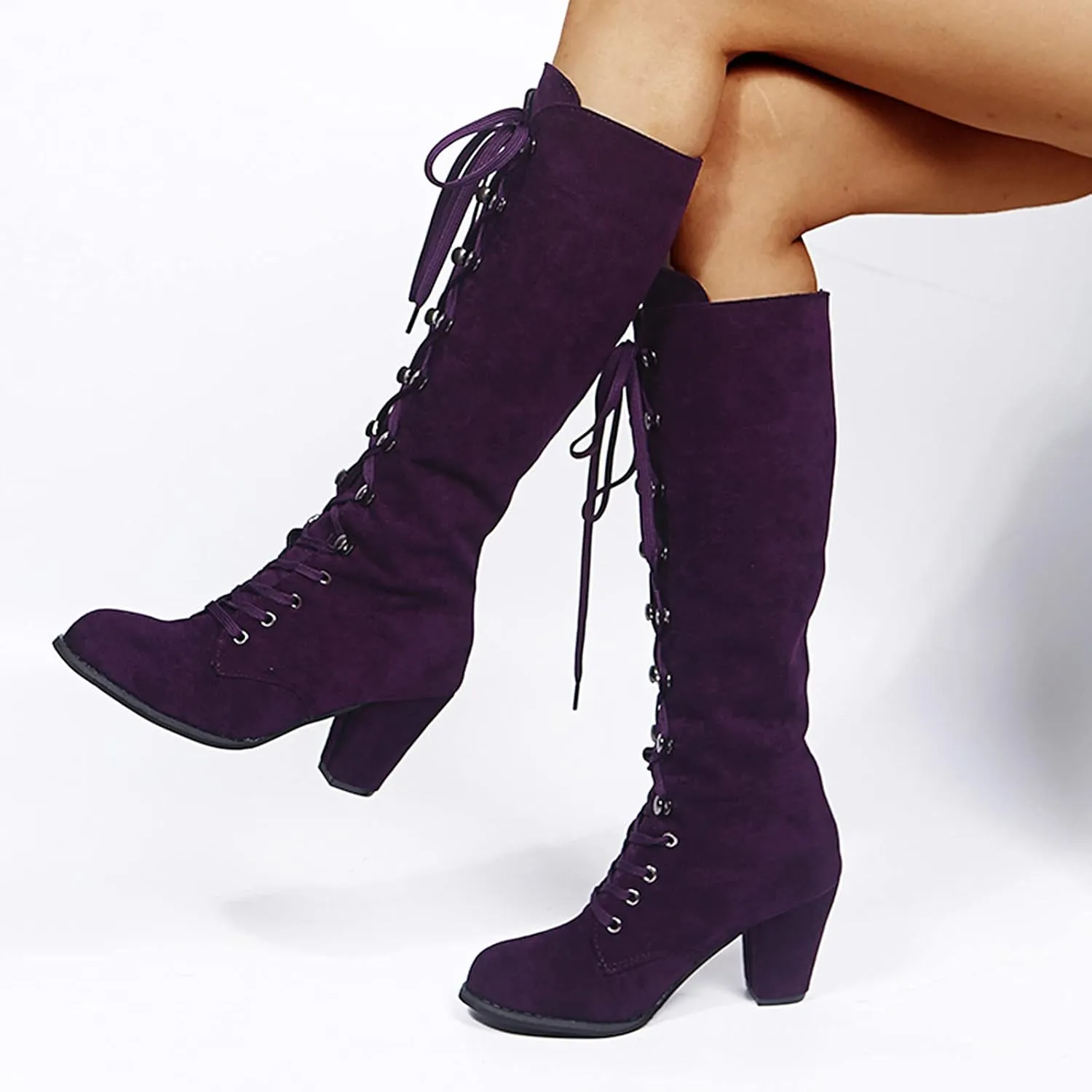 Cathalem Knee High Boots for Women Chunky Heel Boots Medieval Victorian Boots Lace Up Mid Calf Boots Goth Cosplay Costume