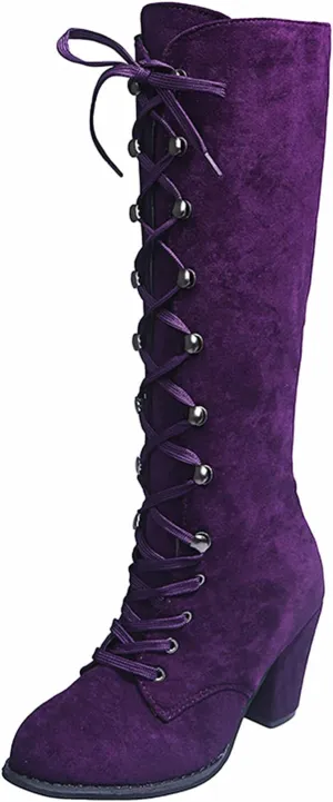 Cathalem Knee High Boots for Women Chunky Heel Boots Medieval Victorian Boots Lace Up Mid Calf Boots Goth Cosplay Costume