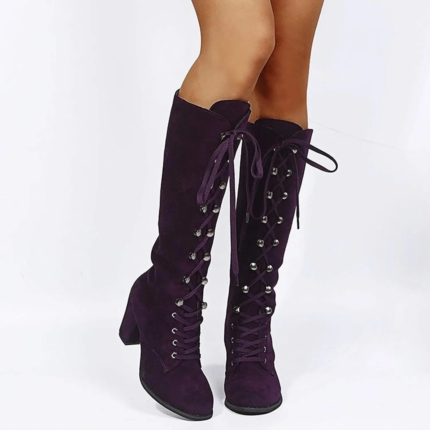 Cathalem Knee High Boots for Women Chunky Heel Boots Medieval Victorian Boots Lace Up Mid Calf Boots Goth Cosplay Costume