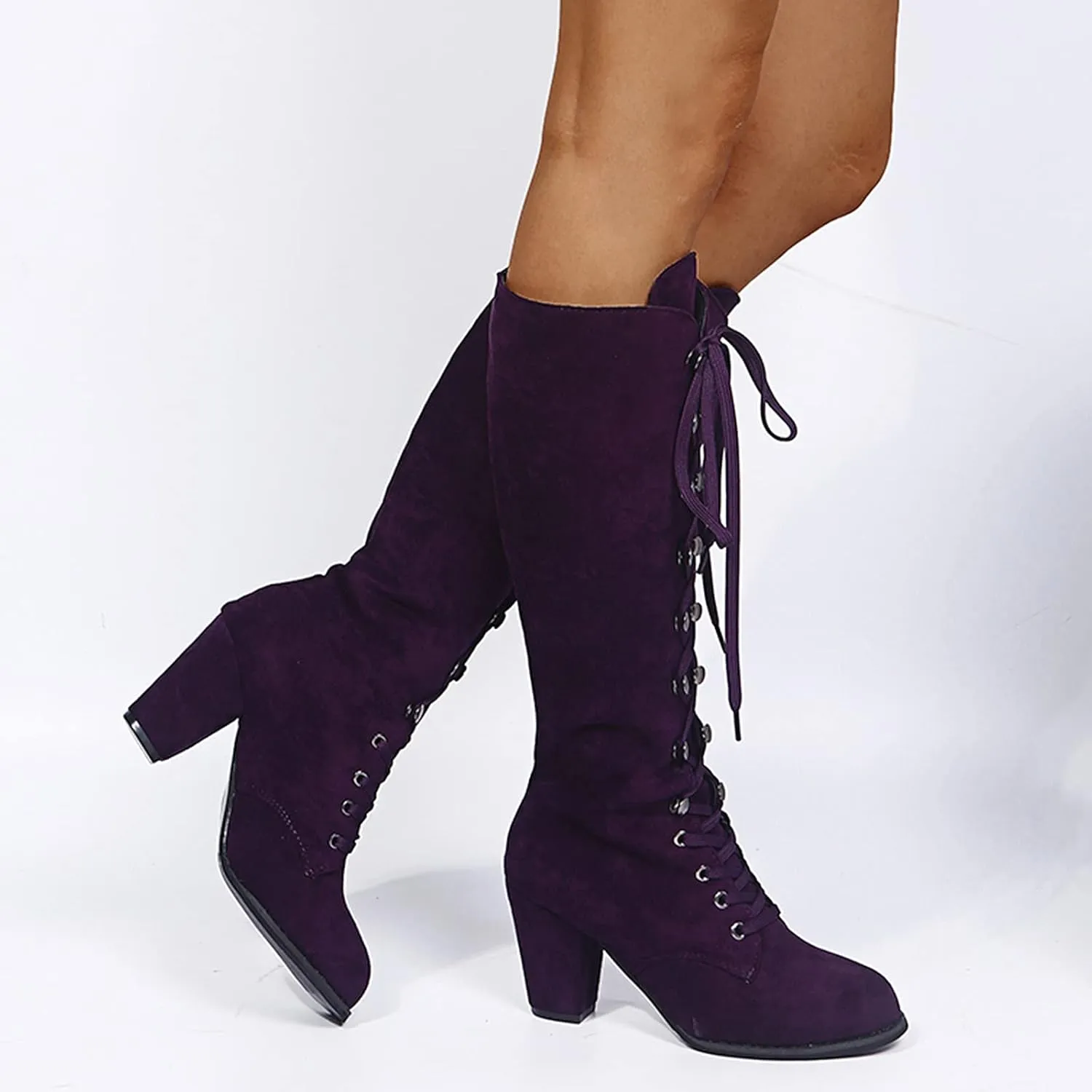 Cathalem Knee High Boots for Women Chunky Heel Boots Medieval Victorian Boots Lace Up Mid Calf Boots Goth Cosplay Costume