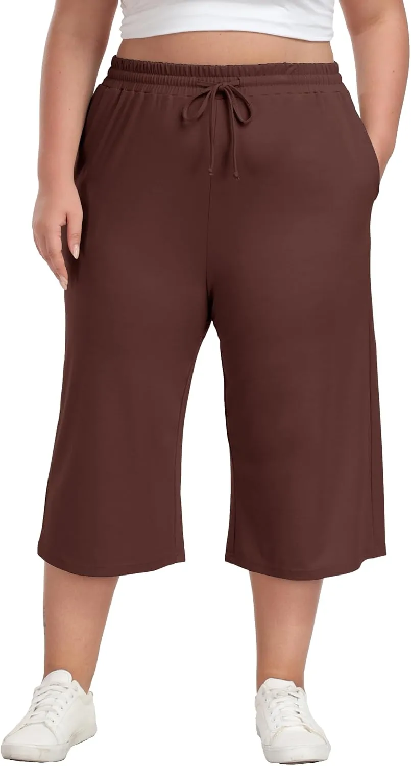 Cheapestbuy Women's Plus Size Capris Wide Leg Crop Casual Pants Comfy Summer Pants with Pockets Drawstring