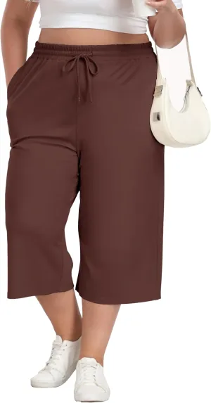 Cheapestbuy Women's Plus Size Capris Wide Leg Crop Casual Pants Comfy Summer Pants with Pockets Drawstring