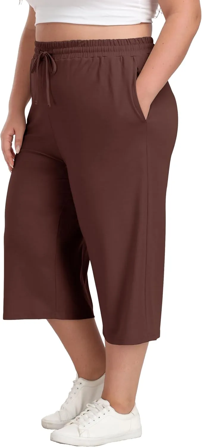 Cheapestbuy Women's Plus Size Capris Wide Leg Crop Casual Pants Comfy Summer Pants with Pockets Drawstring