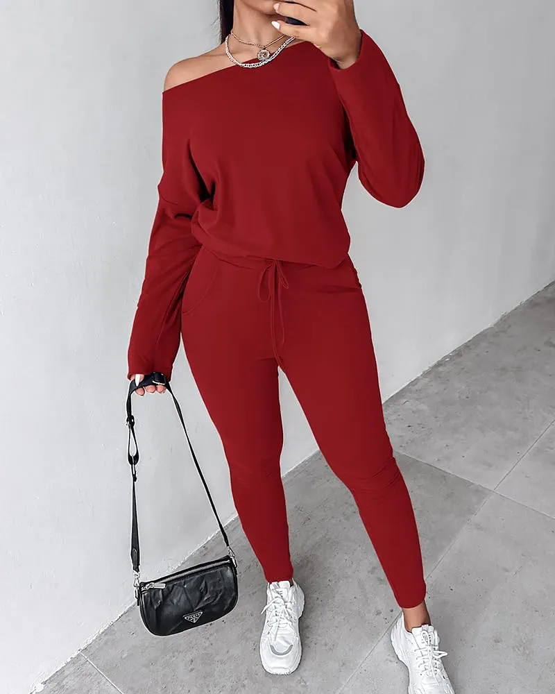 CHICME BEST SHOPPING DEALS Chic Me Women Long Sleeve Crewneck Pullover Tops and Pants Set Tracksuit Fall Outfit