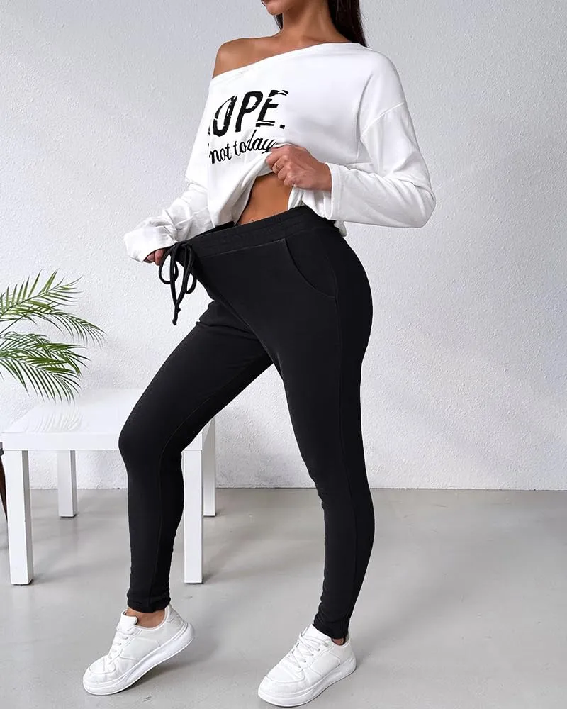 CHICME Women Tracksuit Fall 2 piece Outfits Long Sleeve Crewneck Pullover Tops and Pants Set