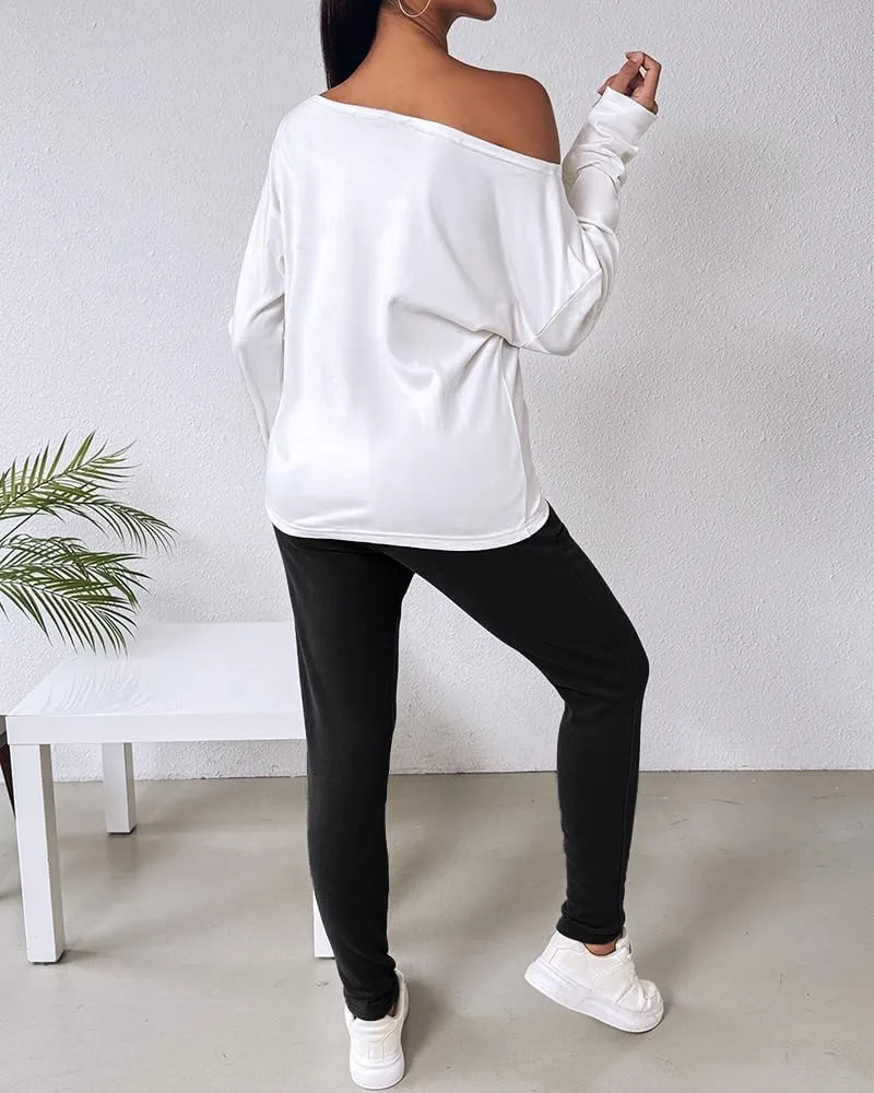 CHICME Women Tracksuit Fall 2 piece Outfits Long Sleeve Crewneck Pullover Tops and Pants Set