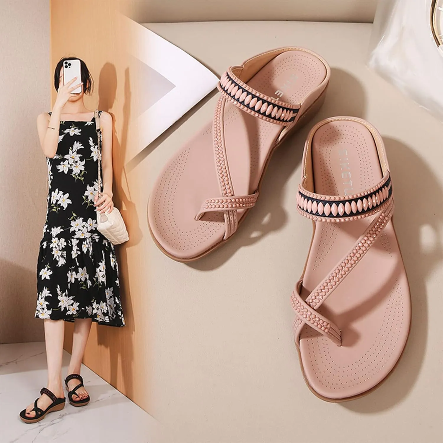 Clip Toe Sandals for Women Comfort Wedge Slip On Flip Flops Summer Casual Roman Shoes Lightweight Comfortable Outdoor Beach Shoes Slipper