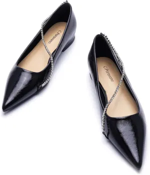 C.Paravano Crystal Chain Pointed Toe Flats Comfortable Party Dressy Shoes for Women Designer Shoes Women's Flats