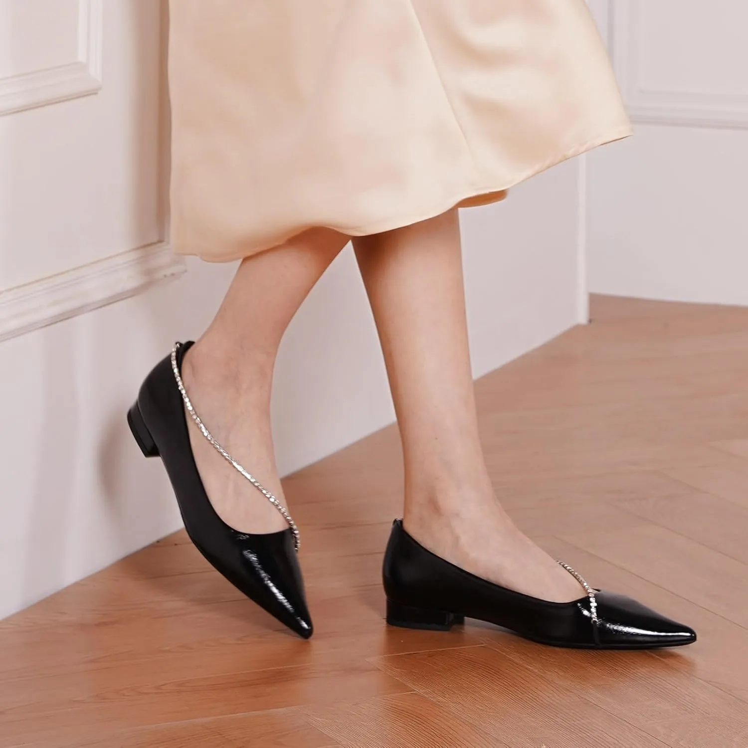 C.Paravano Crystal Chain Pointed Toe Flats Comfortable Party Dressy Shoes for Women Designer Shoes Women's Flats