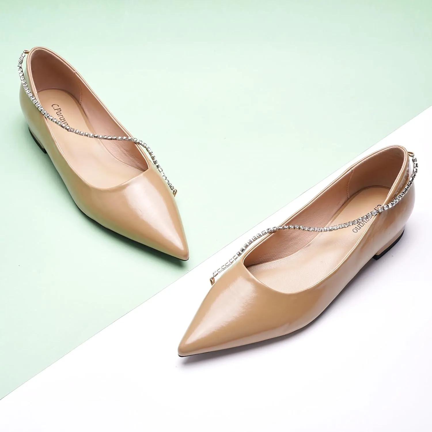 C.Paravano Crystal Chain Pointed Toe Flats Comfortable Party Dressy Shoes for Women Designer Shoes Women's Flats
