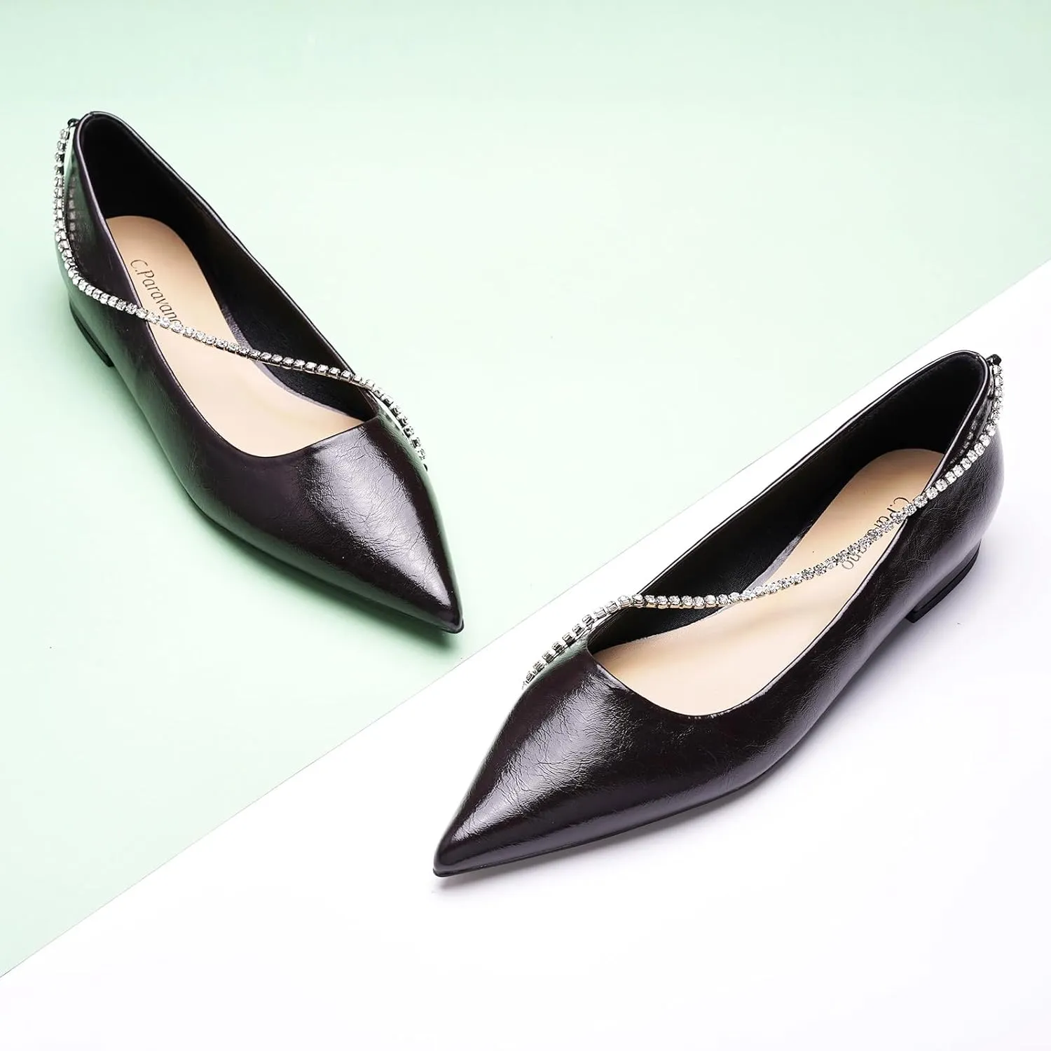 C.Paravano Crystal Chain Pointed Toe Flats Comfortable Party Dressy Shoes for Women Designer Shoes Women's Flats
