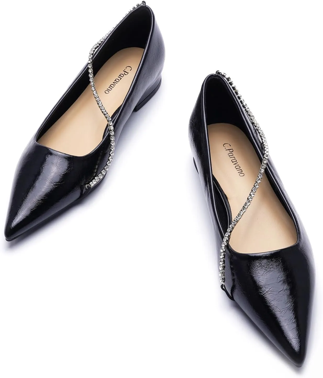 C.Paravano Crystal Chain Pointed Toe Flats Comfortable Party Dressy Shoes for Women Designer Shoes Women's Flats