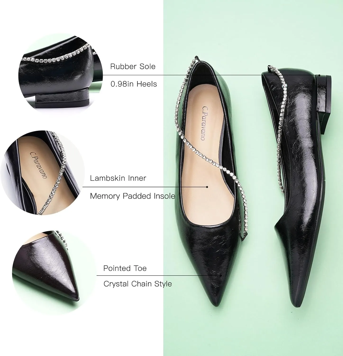 C.Paravano Crystal Chain Pointed Toe Flats Comfortable Party Dressy Shoes for Women Designer Shoes Women's Flats