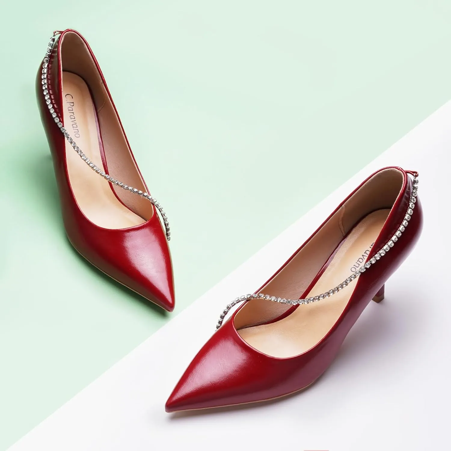 C.Paravano Women's Pumps | Crystal Chain Heels | Pointed Toe Kitten Heel | Comfortable Dress Shoes | Elegant Party Wedding Designer Shoes