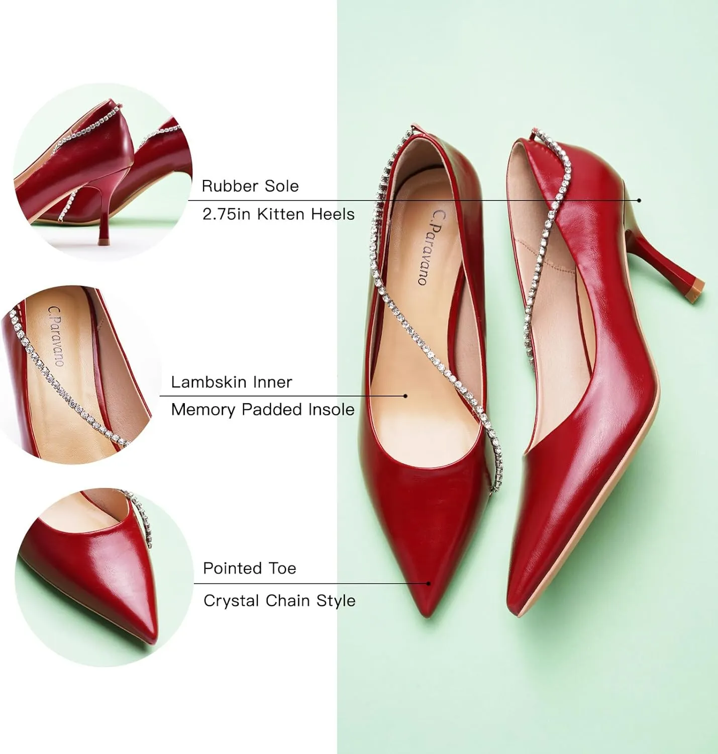 C.Paravano Women's Pumps | Crystal Chain Heels | Pointed Toe Kitten Heel | Comfortable Dress Shoes | Elegant Party Wedding Designer Shoes