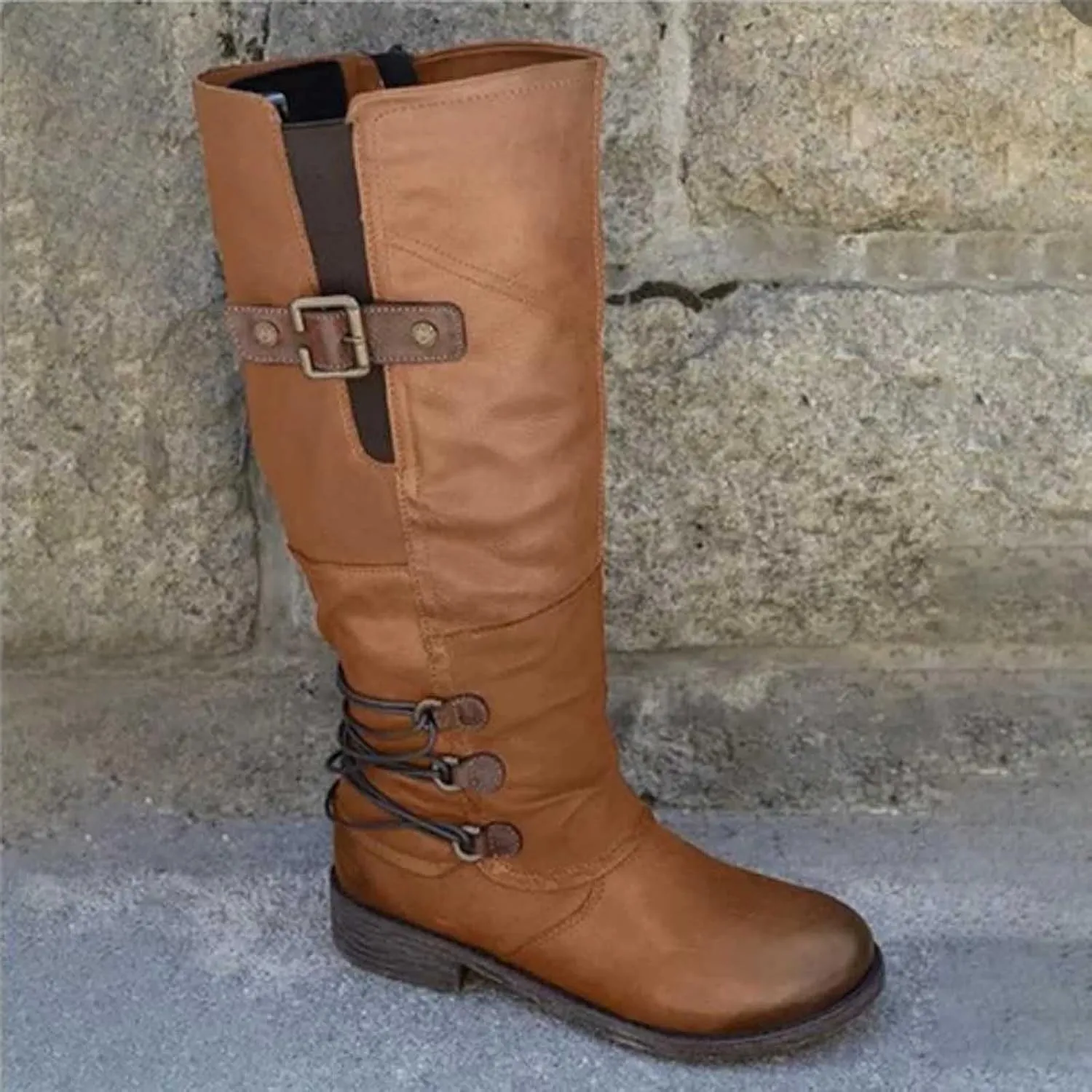 Ctreela Women's Vintage Mid-Calf Riding Boot Retro Round Toe Work Chunky Low Heel Western Booties Combat Motorcycle Boots