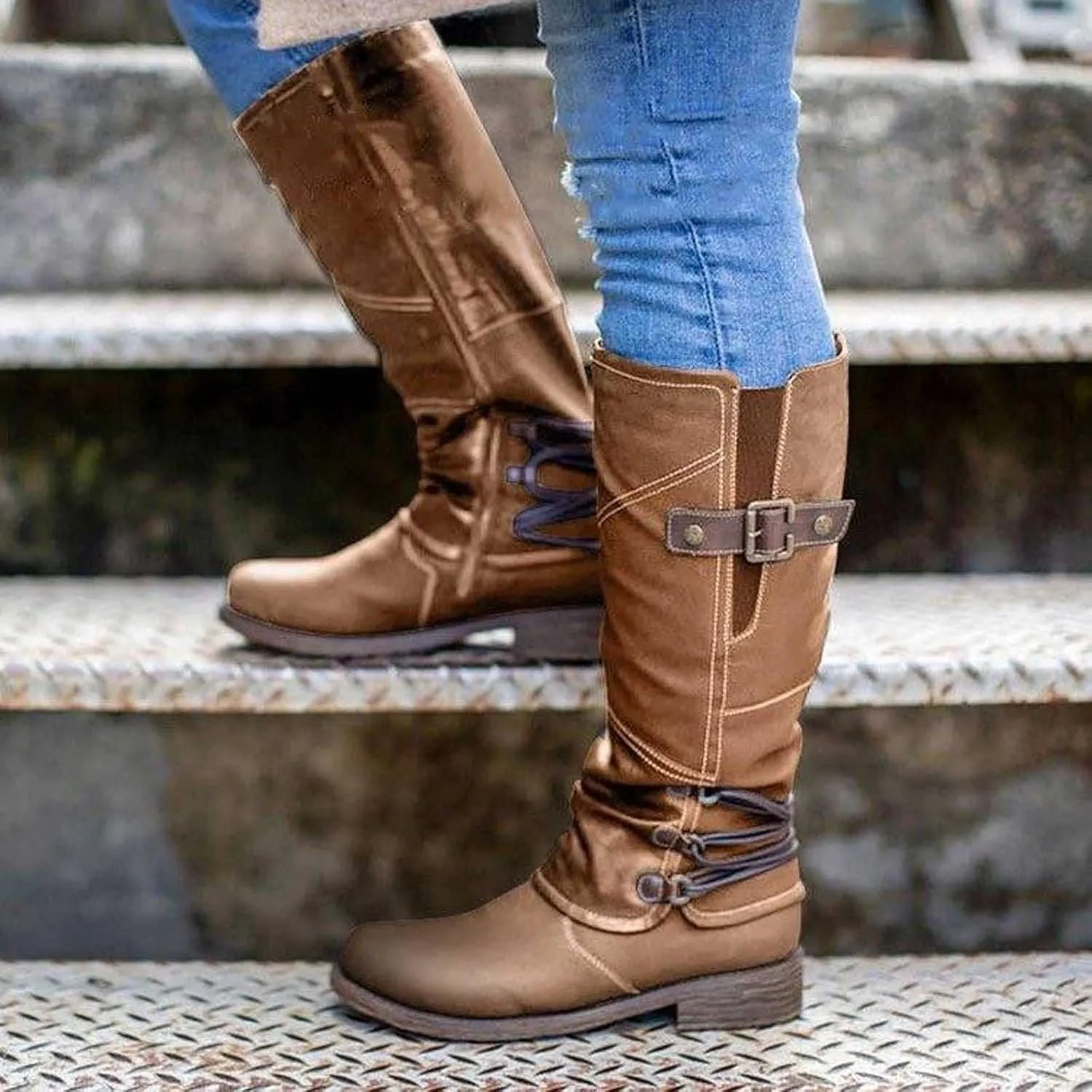 Ctreela Women's Vintage Mid-Calf Riding Boot Retro Round Toe Work Chunky Low Heel Western Booties Combat Motorcycle Boots