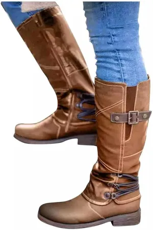 Ctreela Women's Vintage Mid-Calf Riding Boot Retro Round Toe Work Chunky Low Heel Western Booties Combat Motorcycle Boots