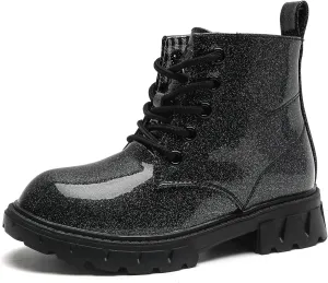 DADAWEN Boys Girls Glitter Ankle Boots Kids Lace Up Waterproof Combat Shoes With Side Zipper for Toddler/Little Kid/Big Kid
