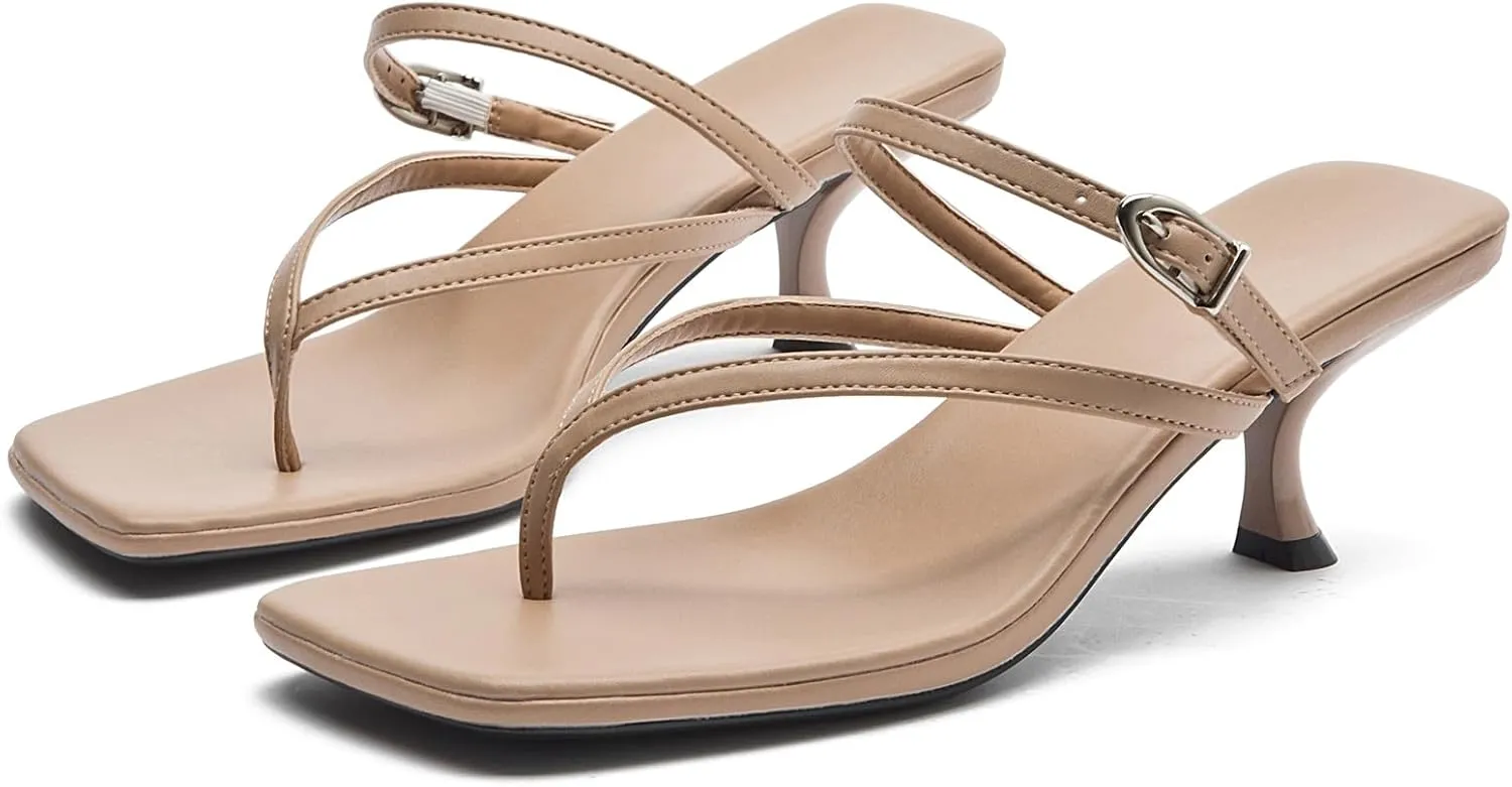 DADAWEN Women's Kitten Heels Thong Sandals Square Open Toe Buckle Slip On Flip Flops Heels Sexy Fashion Summer Dressy Wedding Party Pumps Heeled Sandals