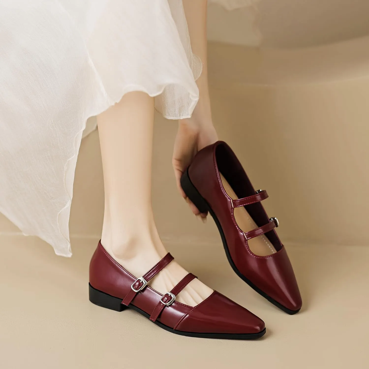 Dear Time Women's Vintage Mary Jane Shoes Ankle Strap Square Toe Flats Uniform Dress Shoes Ballet Flats