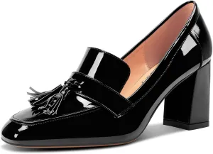 DearOnly Womens Patent Leather Loafers Square Toe Mid Chunky Block Heel Pumps Slip-on Tassel Loafers Office Dress Shoes 3.2 Inches Heels