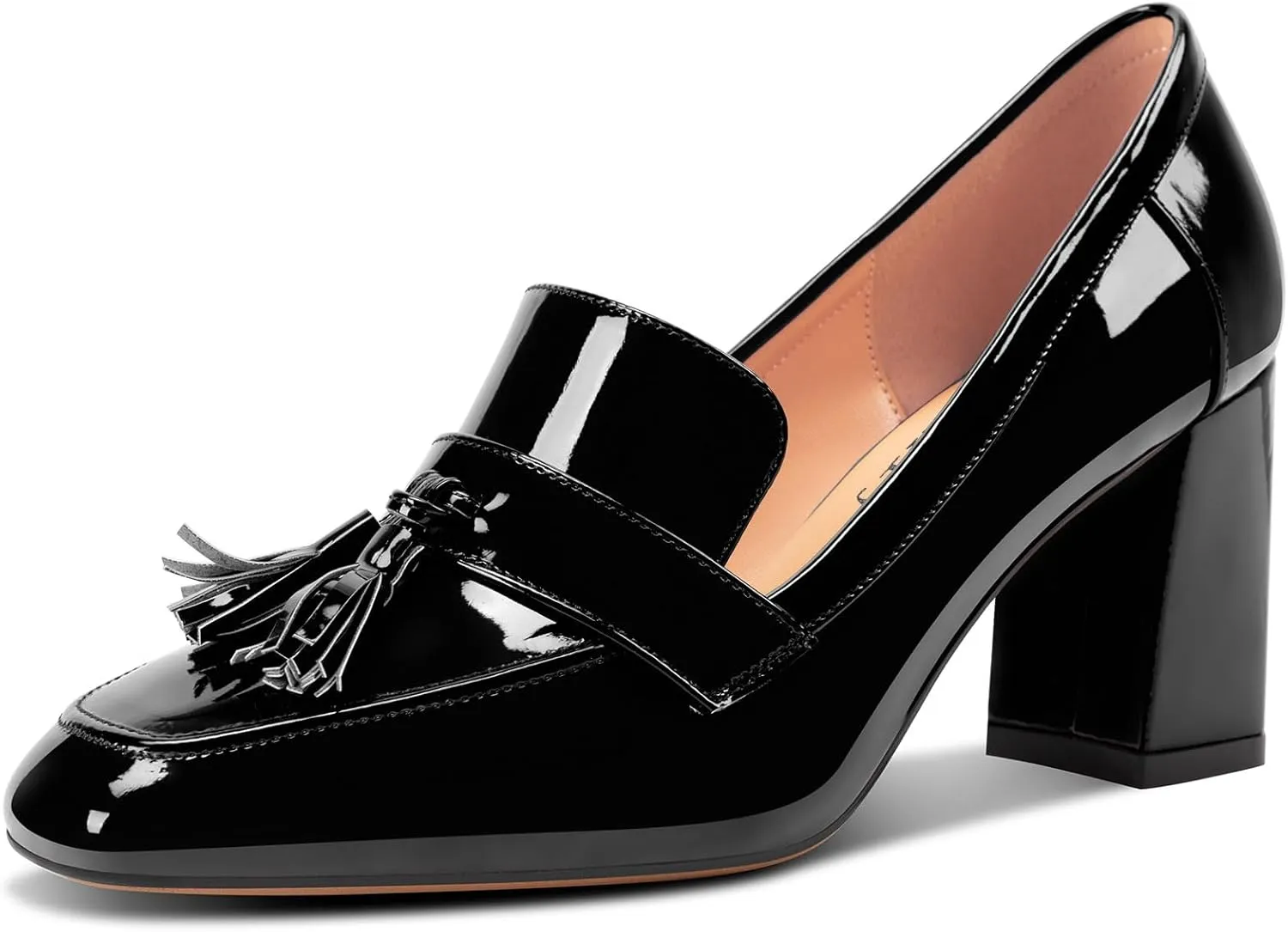 DearOnly Womens Patent Leather Loafers Square Toe Mid Chunky Block Heel Pumps Slip-on Tassel Loafers Office Dress Shoes 3.2 Inches Heels