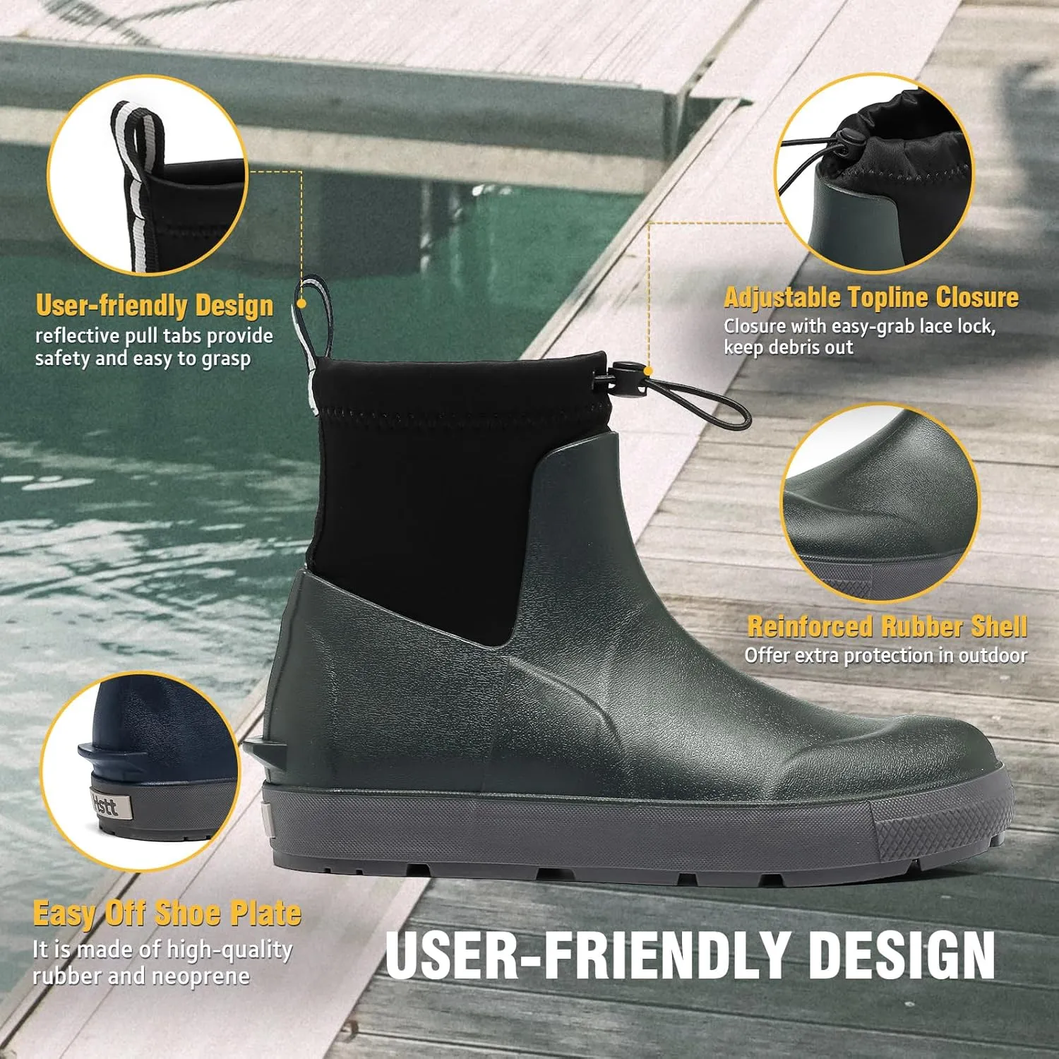 Deck Boots For Men Anti-Slip, Waterproof Ankle Rain Boots, Rubber Outdoor Fishing Footwear, Chelsea Garden Work Water Shoes, Size 6.5-12