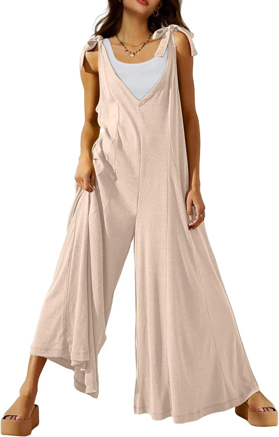 DEEP SELF Women's Summer Causal Jumpsuits Sleeveless Wide Leg Long Rompers V Neck Tie Strap Loose Baggy Overalls with Pockets