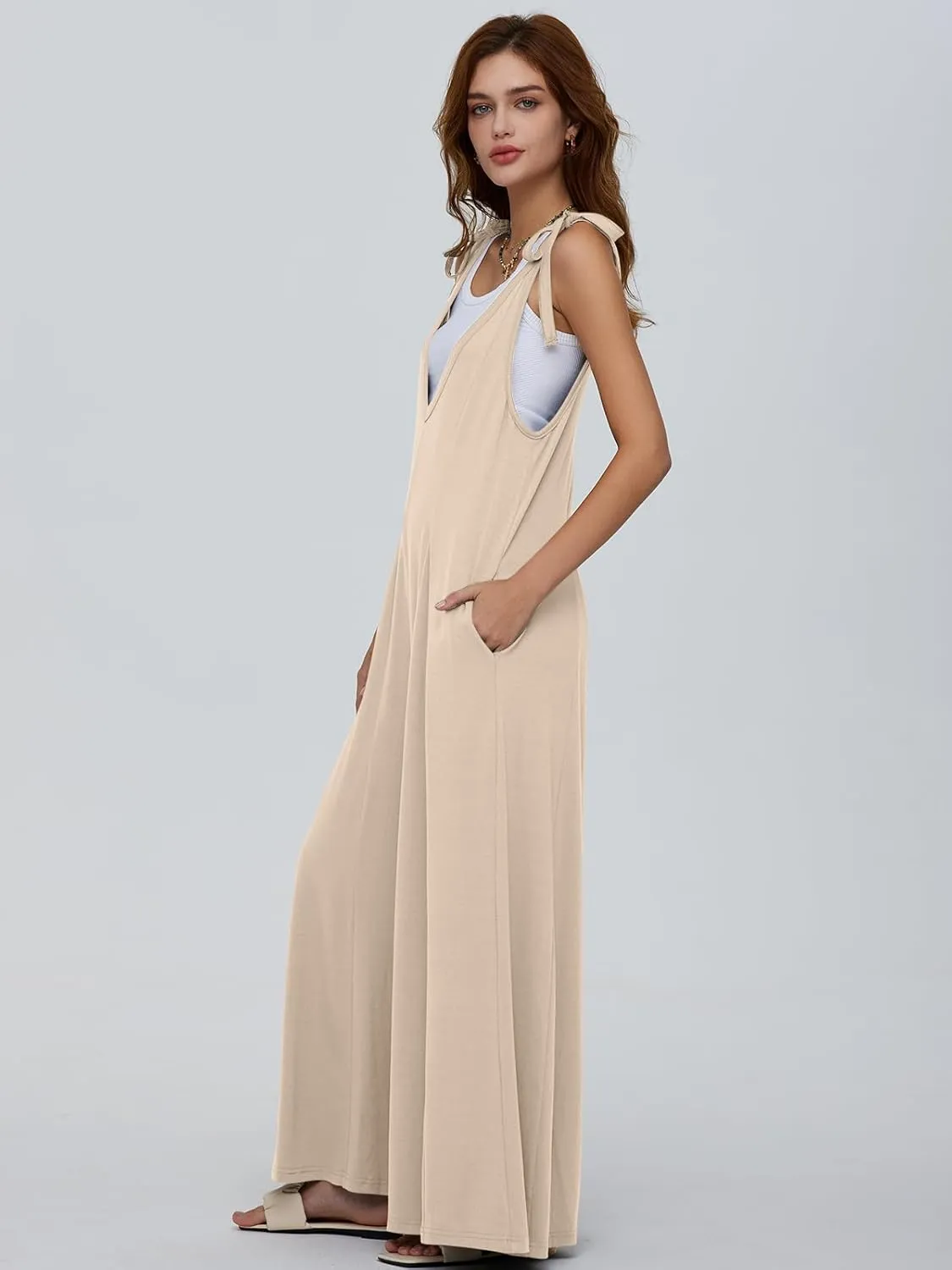 DEEP SELF Women's Summer Causal Jumpsuits Sleeveless Wide Leg Long Rompers V Neck Tie Strap Loose Baggy Overalls with Pockets