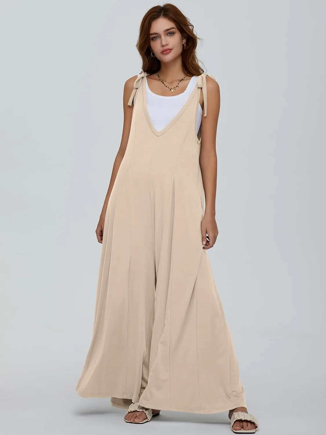 DEEP SELF Women's Summer Causal Jumpsuits Sleeveless Wide Leg Long Rompers V Neck Tie Strap Loose Baggy Overalls with Pockets