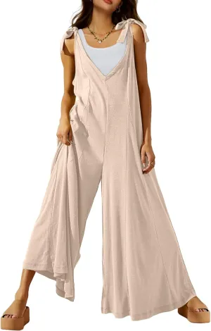 DEEP SELF Women's Summer Causal Jumpsuits Sleeveless Wide Leg Long Rompers V Neck Tie Strap Loose Baggy Overalls with Pockets