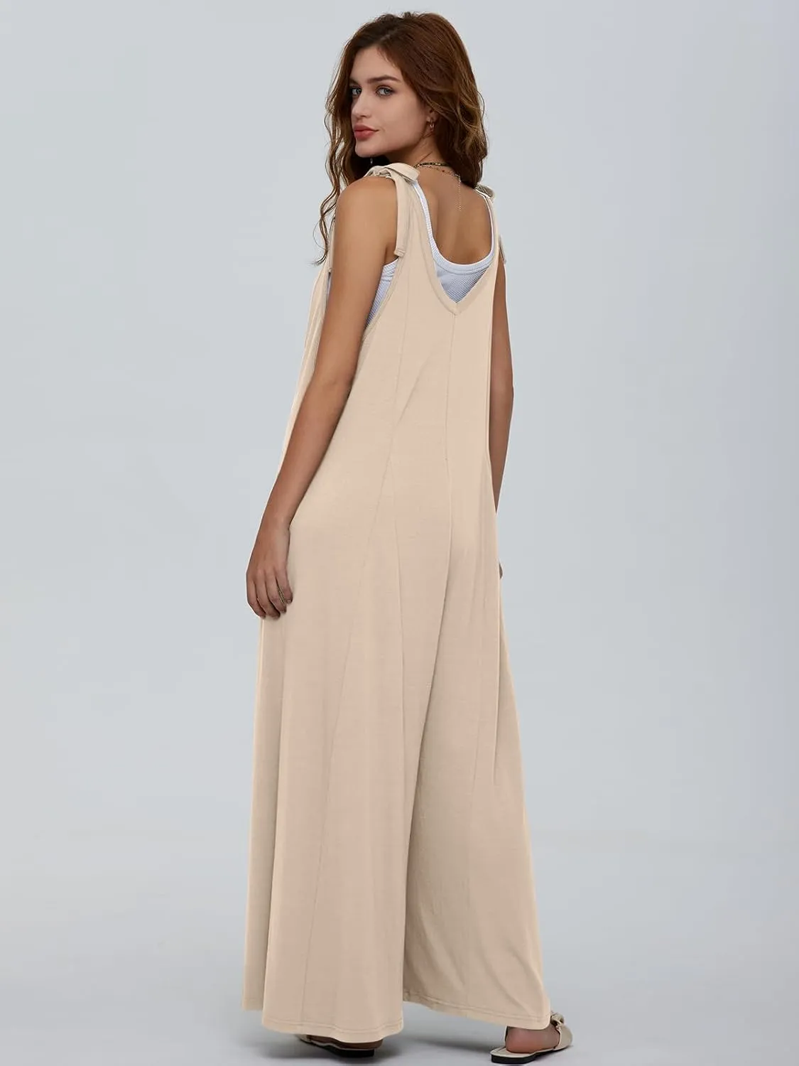 DEEP SELF Women's Summer Causal Jumpsuits Sleeveless Wide Leg Long Rompers V Neck Tie Strap Loose Baggy Overalls with Pockets