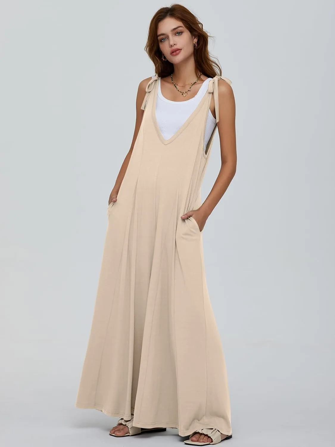 DEEP SELF Women's Summer Causal Jumpsuits Sleeveless Wide Leg Long Rompers V Neck Tie Strap Loose Baggy Overalls with Pockets