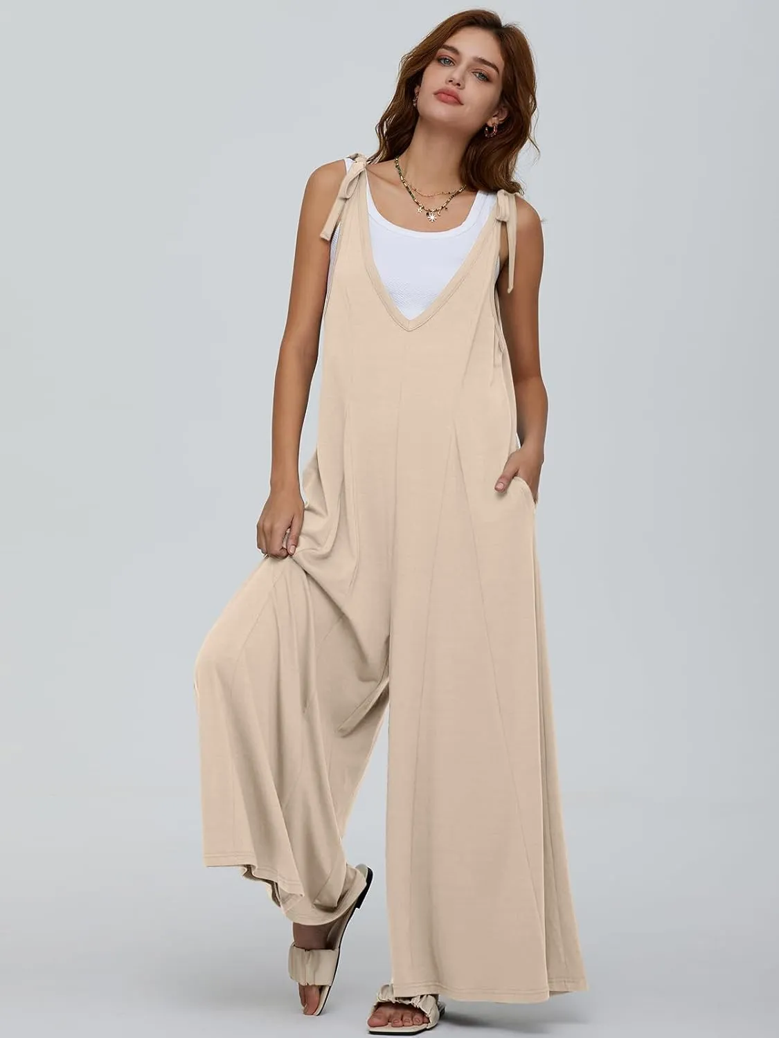 DEEP SELF Women's Summer Causal Jumpsuits Sleeveless Wide Leg Long Rompers V Neck Tie Strap Loose Baggy Overalls with Pockets