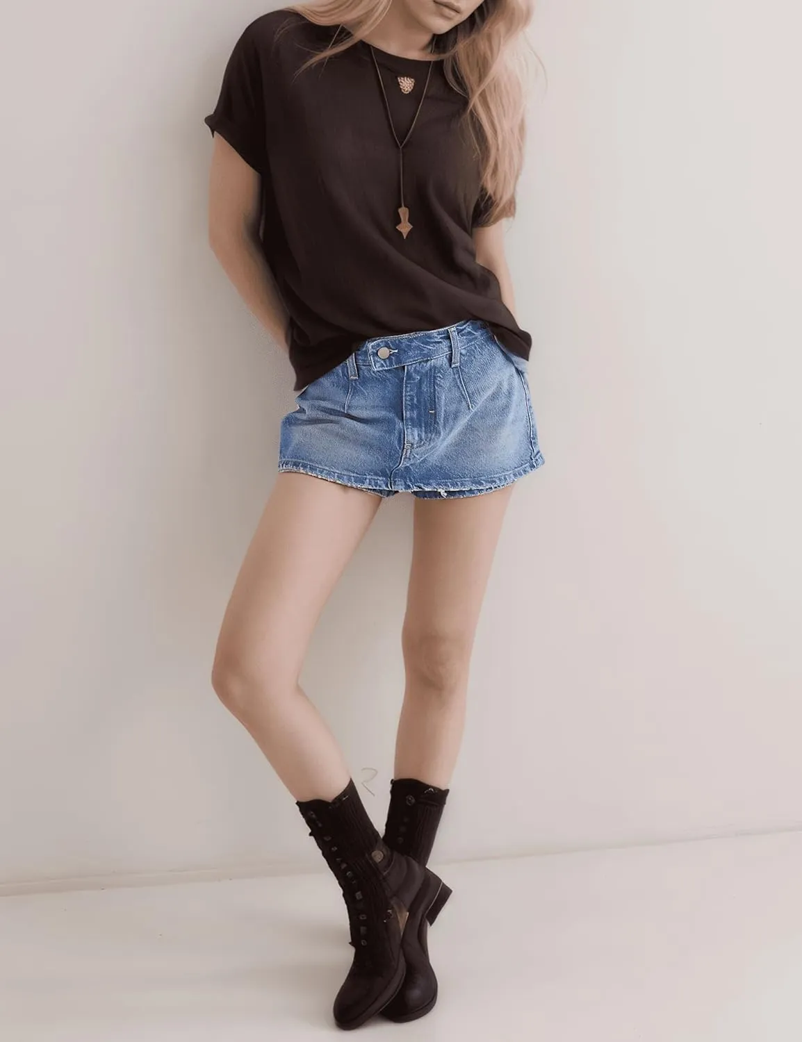 Denim Mini Skort for Women Low-Waisted Stretchy Micro Jean Skirt Gallivanting Peekaboo Denim Skorts with Shorts