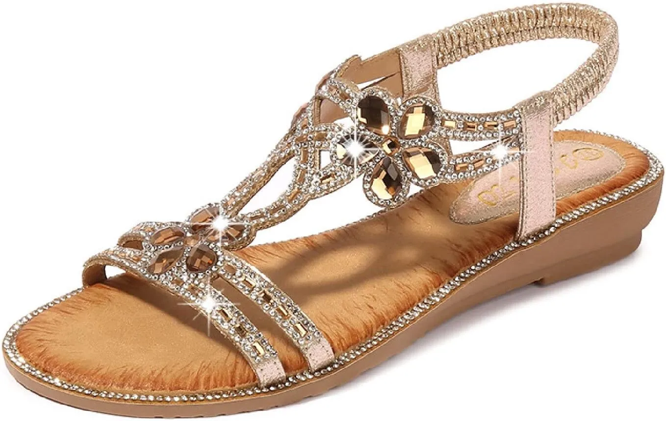 DKCHENH Rhinestone Sandals for Women Flat - Trendy Sparkling Boho Ladies' Flat Sandals,Beautiful Sparkling Boho Ladies' Flat Sandals for Summer.