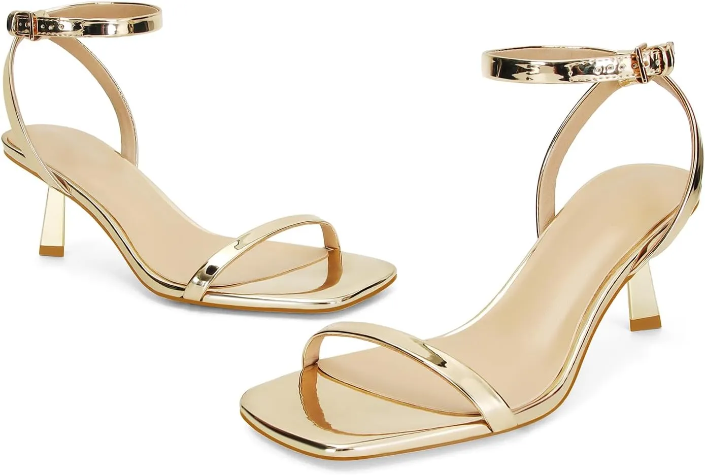 Dsevht Gold Strappy Heels for Women Kitten Heel Sandals Open Square Toe Stiletto High Heels with Ankle Strap Comfort Dress Party Shoes