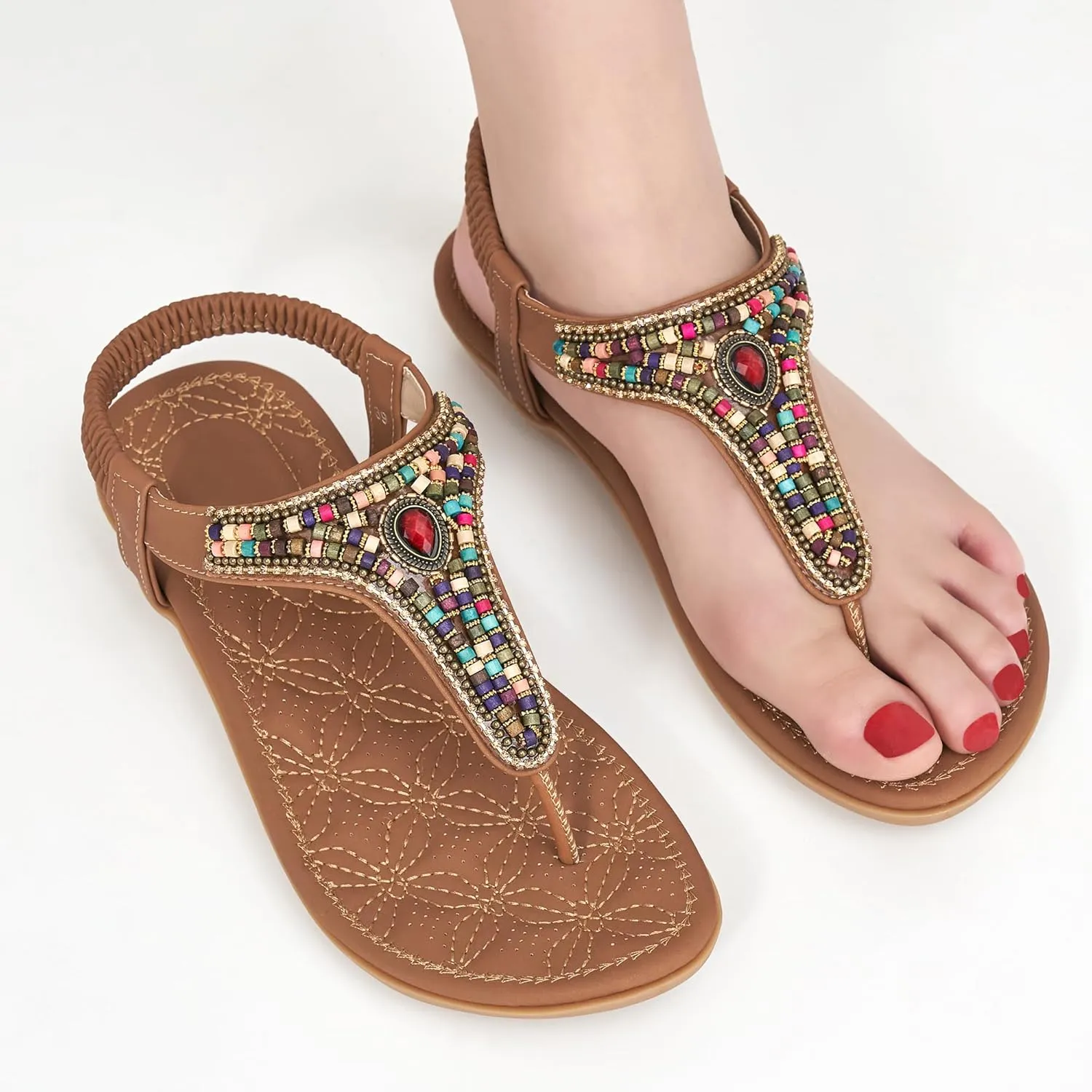 Ecetana Womens Sandals Dressy Flat with Bohemian Beaded Comfortable Casual Summer Slip On Ankle Elastic Thong Shoes
